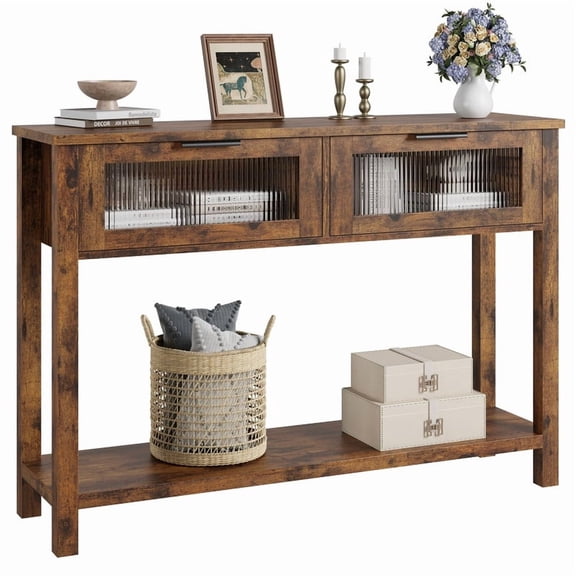 Console Table with 2 Storage Drawers, Entryway Table with Glass Sliding Door, Console Sofa Table for Living Room, Entryway, Brown