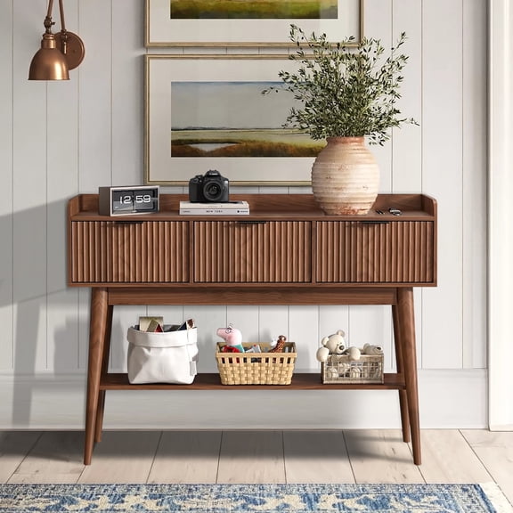 Console Table with 3 Drawers, Fluted Entryway Table with Storage Shelf, Narrow Display Shelf for Hallway