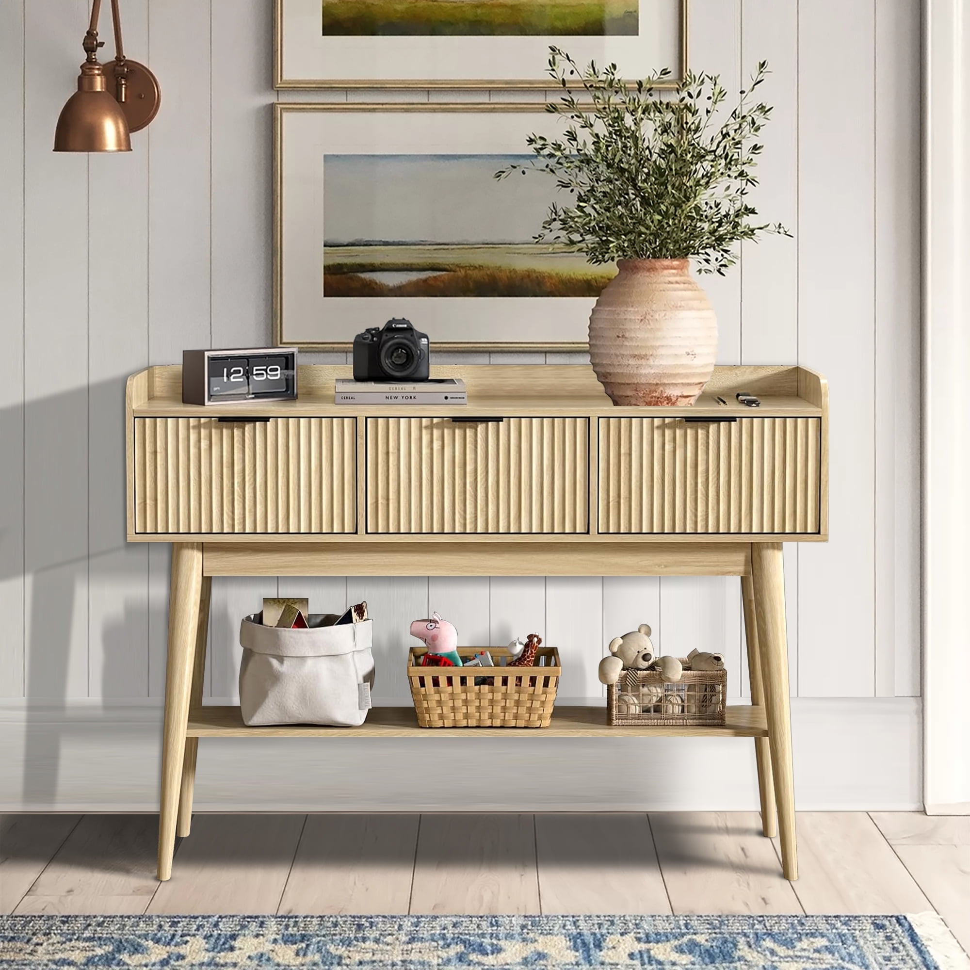 Console Table with 3 Drawers, Fluted Entryway Table with Storage Shelf ...