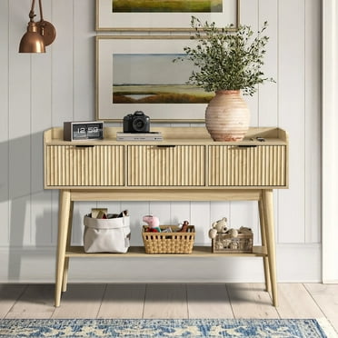 Console Table with 3 Drawers, Fluted Entryway Table with Storage Shelf, Narrow Display Shelf for Hallway