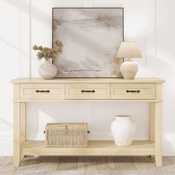 Console Table with 3 Drawers & Open Storage Shelf – Narrow Sofa Table, Ideal for Entryway, Living Room, Hallway or Foyer – Light Oak