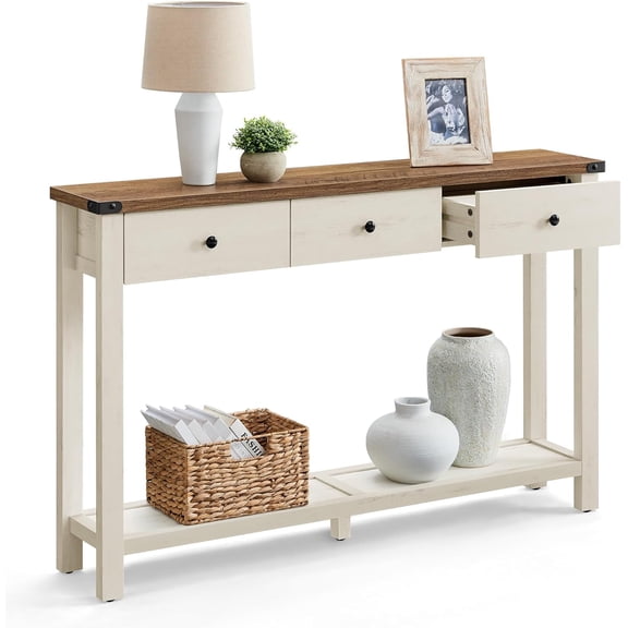 Console Table with 3 Drawers and Open Storage Shelf, Narrow Entryway Sofa Table for Living Room, Farmhouse Style, Metal Corners