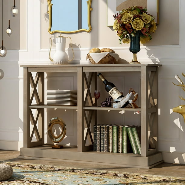 Console Table with 3 Tier Open Storage Spaces and X Legs Narrow Sofa Entry Table for Living Room Entryway and Hallway White Wash