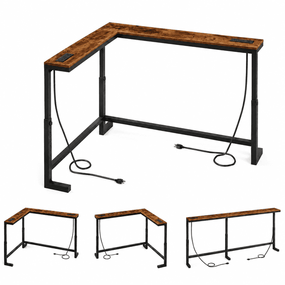 Console Table with Adjustable Height, Narrow Long Sofa Table with Outlet, L-Shaped Behind Couch Table, Hallway Table for Entryway, Rustic Brown