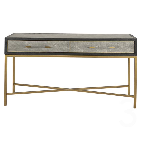 Console Table with Art Deco Inspired Lines for Entryway and Living Space Placement, Grey Faux Leather Top and Brass Finished Legs