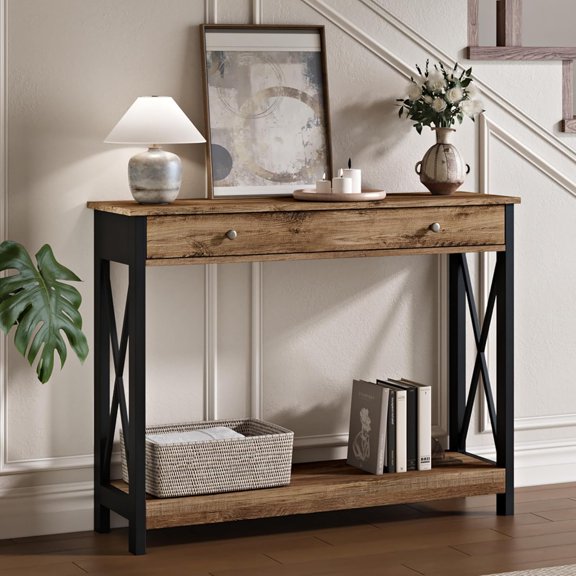 Console Table with Drawer and Storage Shelves, Foyer Sofa Table Narrow for Entryway, Living Room, Hallway Rustic Oak & Black