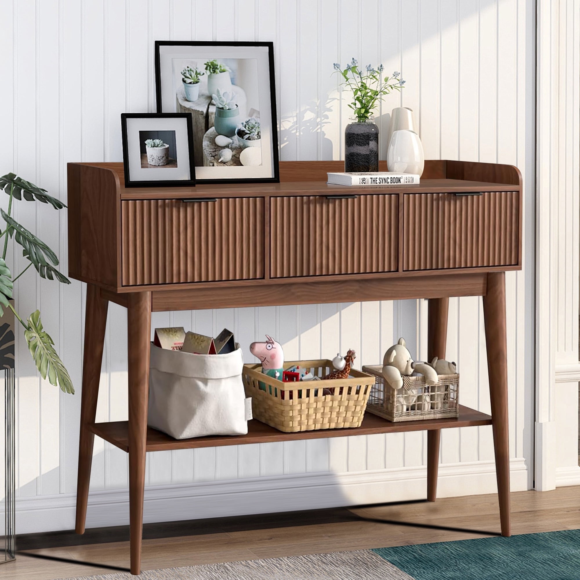 Console Table with Drawers, Narrow Entryway Table with Storage Shelves, Accent Sofa Table for Living Room, Hallway, Walnut