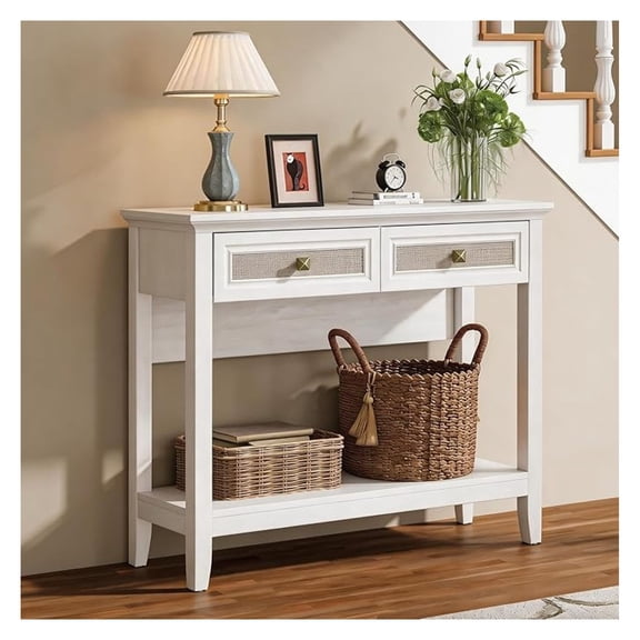 Console Table with Drawers, Small Rattan Wood Entryway Table with Storage, Boho Narrow Long Sofa Table for Living Room, Hallway, Grayish White