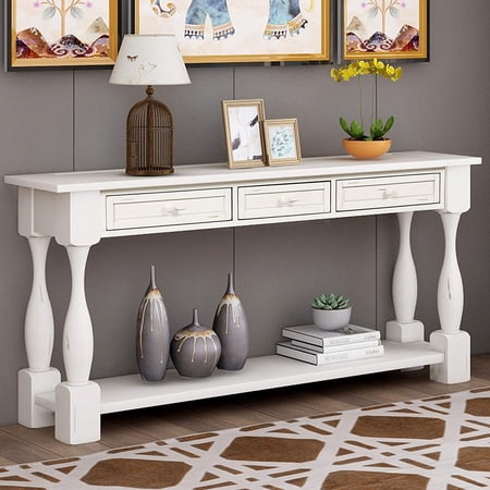 Console Table with Drawers and Shelf 64" Long Sofa Table Entryway Table for Entryway Living Room Hallway (White)