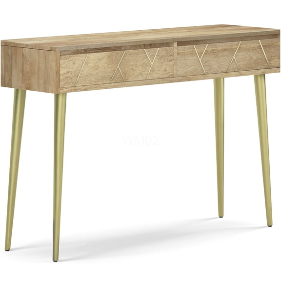 Console Table with Gold Inlay and Soft Close Drawers, Light Brown Mango Wood Sofa Table for Entryway, Living Room