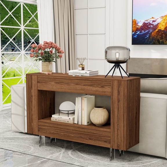Vavkorkula Console Table with Hidden Side Compartments & Adjustable Shelves, Brown Wood Grain