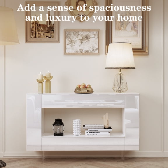 Vavkorkula Console Table with Hidden Storage and Adjustable Shelves, High Gloss White, MDF