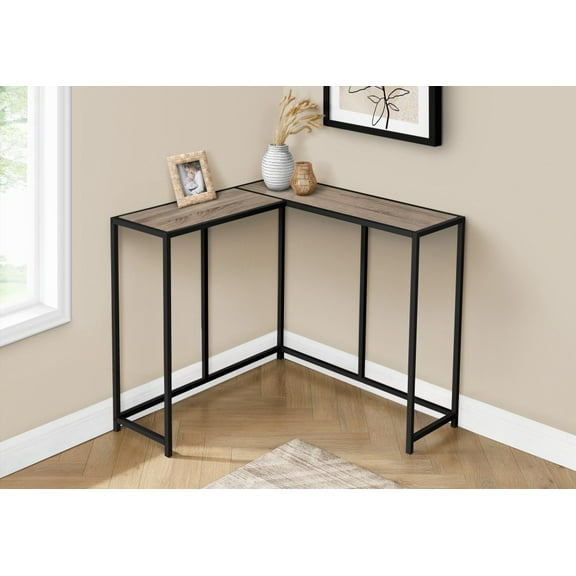 Console Table with L-Shaped Design | Brown Laminate, Black Metal | Living Room Corner