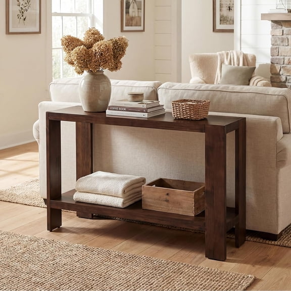 Console Table with Open Storage, 47" Pine Solid Wood Entryway Table, 2-Tier Sofa Table for Living Room/Entrance/Hallway, Walnut
