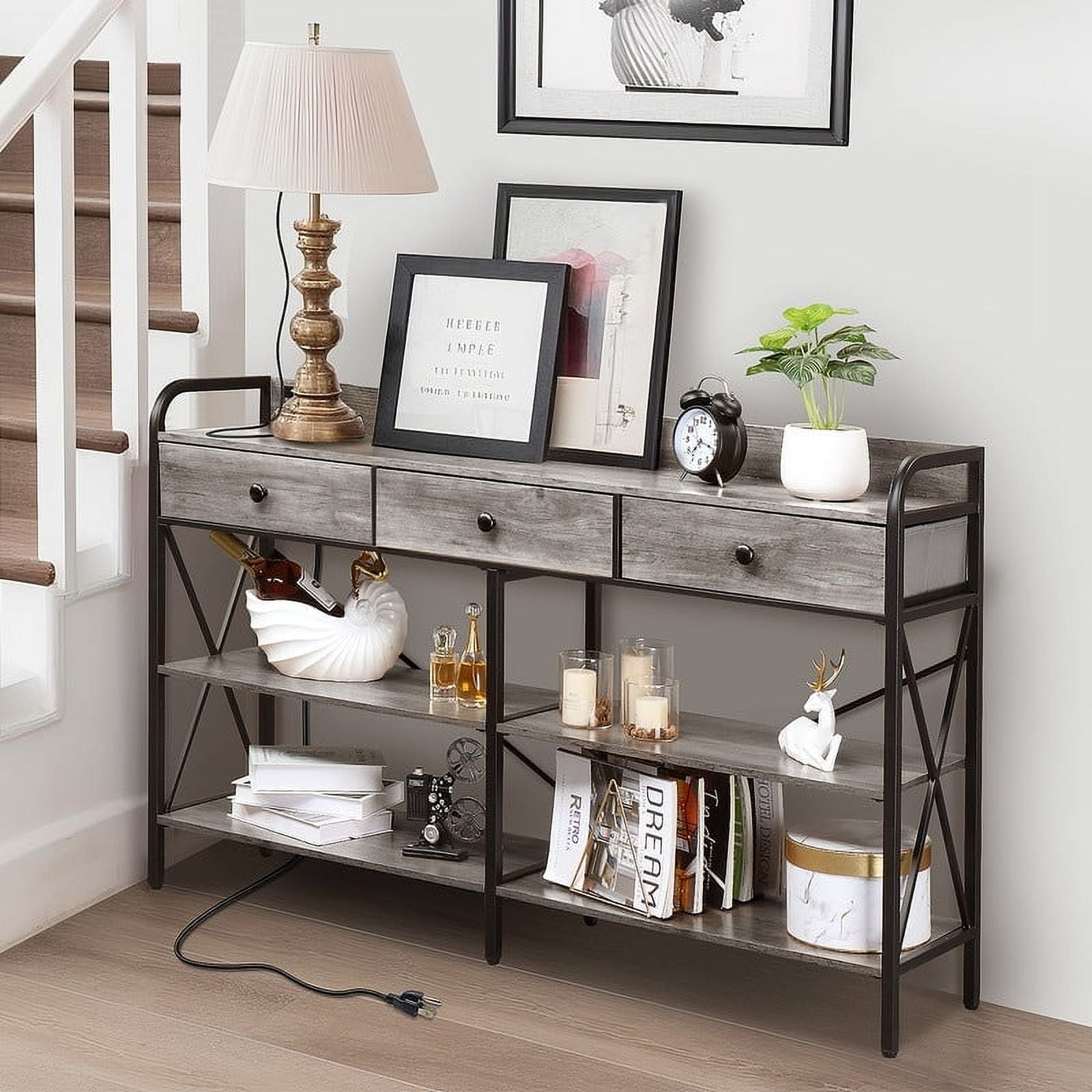 Gray Wood and Black Metal Console Table with Storage and USB Ports