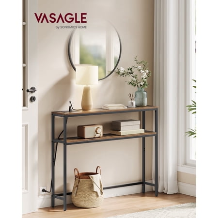 Console Table with Power Outlet, 39.4 Inch Narrow Sofa Table with 2 Shelves, Charging Station for Living Room Entryway, Rustic Brown & Black
