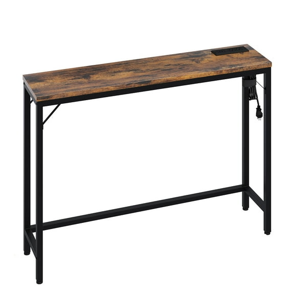 Narrow Console Table with Power Outlets & USB Ports, Wood Entryway Table Behind Couch Table with Charging Station