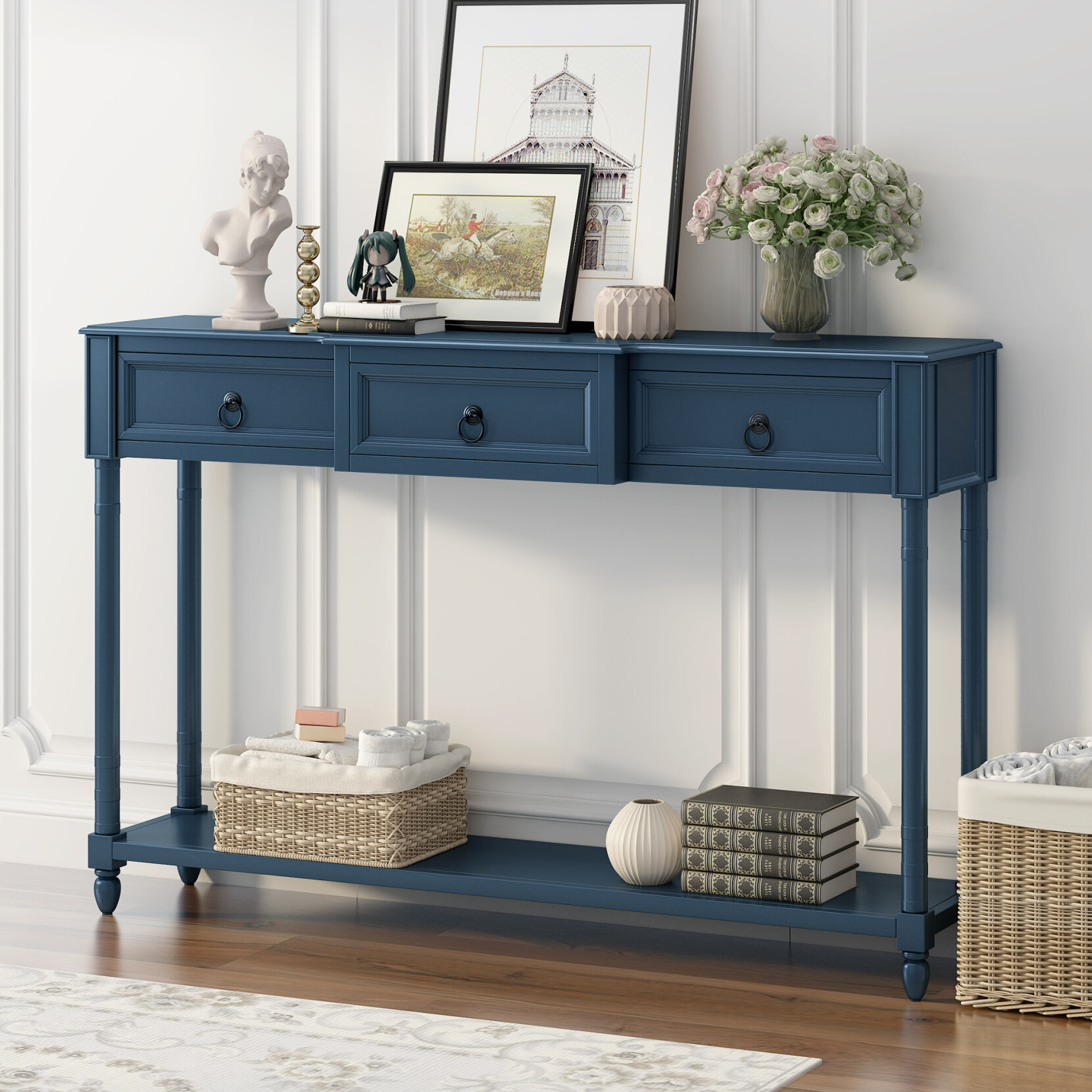 Console Table with Projecting Storage Drawers, Entryway Solid Wood Sofa