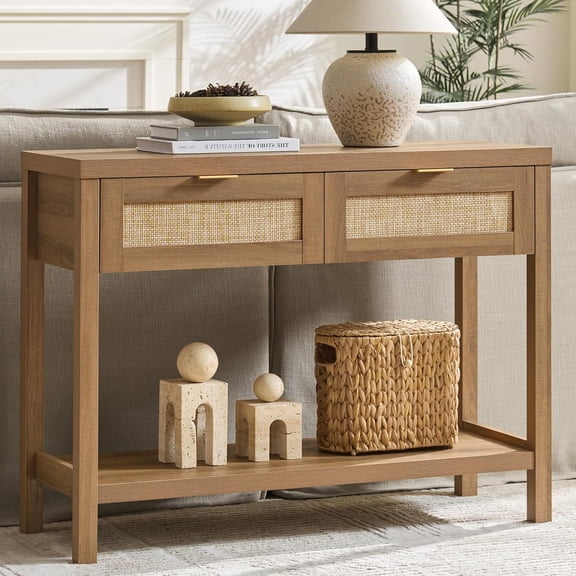 Console Table with Rattan Drawers - Boho Rattan Entryway Table with Storage, Small Console Tables for Entryway, Entry Tables for Hallway