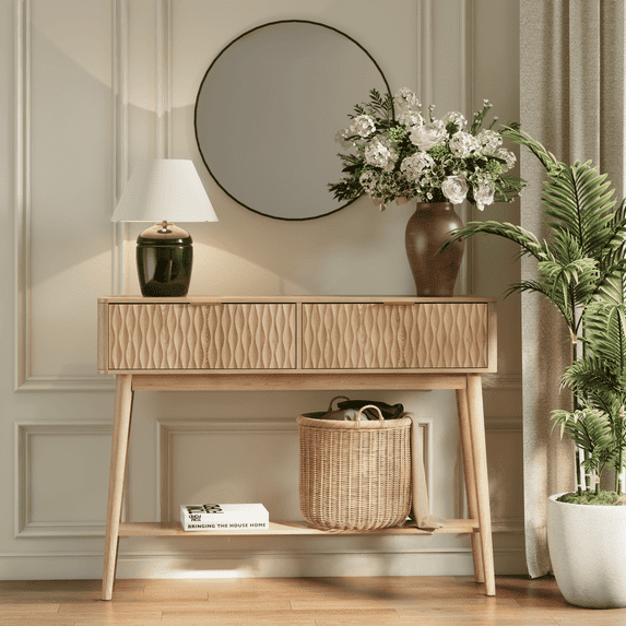 Console Table with Solid Wood Legs, Boho Modern Entryway Table with Storage Drawers, Fluted Narrow Sofa Table for Hallway,Living Room, Light Oak