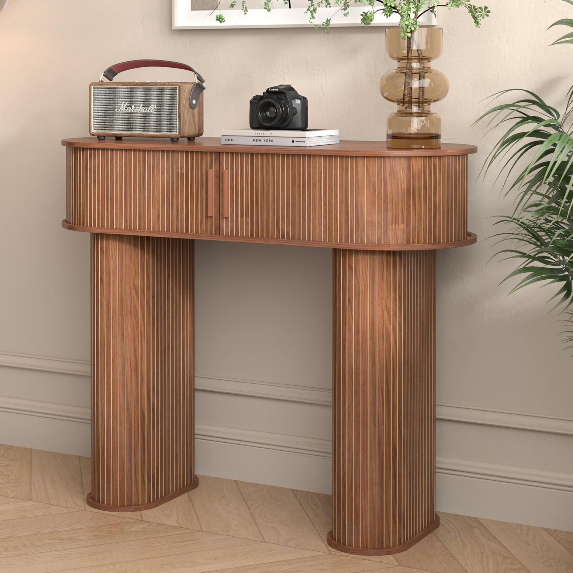 Console Table with Storage, Entry Table with Sliding Door, Wood Sofa ...