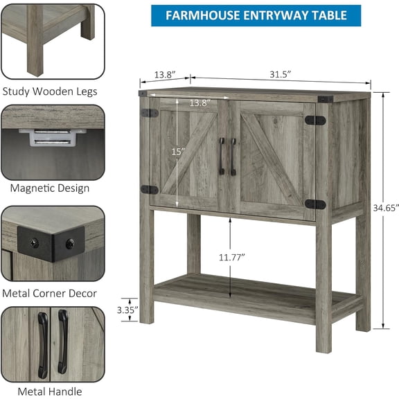 Console Table with Storage Grey Farmhouse Entryway Bar Cabinet Sofa Sideboard for Living Room Hallway
