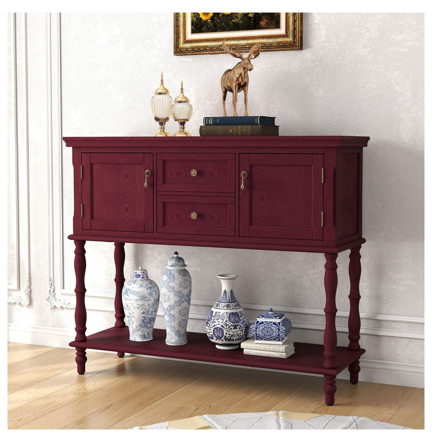 Console Table with Storage, Red Entryway Table with Drawers & Cabinets ...