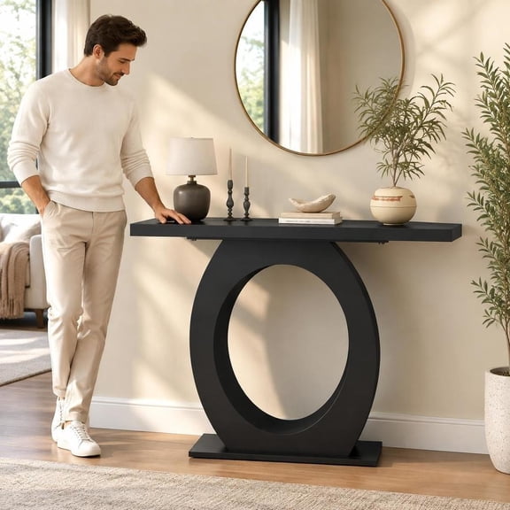 Console Table, with egg-shaped base, rectangular top, glossy finish, modern design