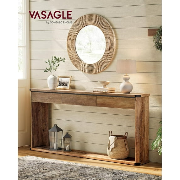 armhouse Console Table with 3 Drawers and Storage Shelf, Narrow Sofa Table for Entryway or Living Room, Safety Corners, 63 Inch Entry Table, Honey Brown