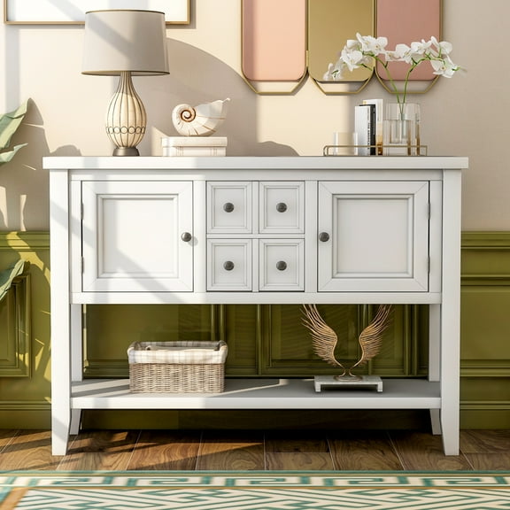 Console Tables for Entryway, Kitchen Sideboard Buffet with 4 Drawers and Cabinets, 46" Entrance Table in Hallway, White Wood Contemporary Sofa Tables Console Table with Storage Shelf
