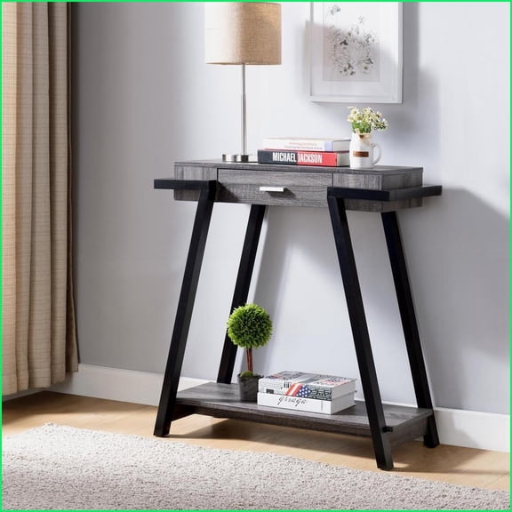 Console Tables, Modern Hallway Display Table with Drawer & Bottom Shelf in Distressed Grey & Black | Particle Board | Grey