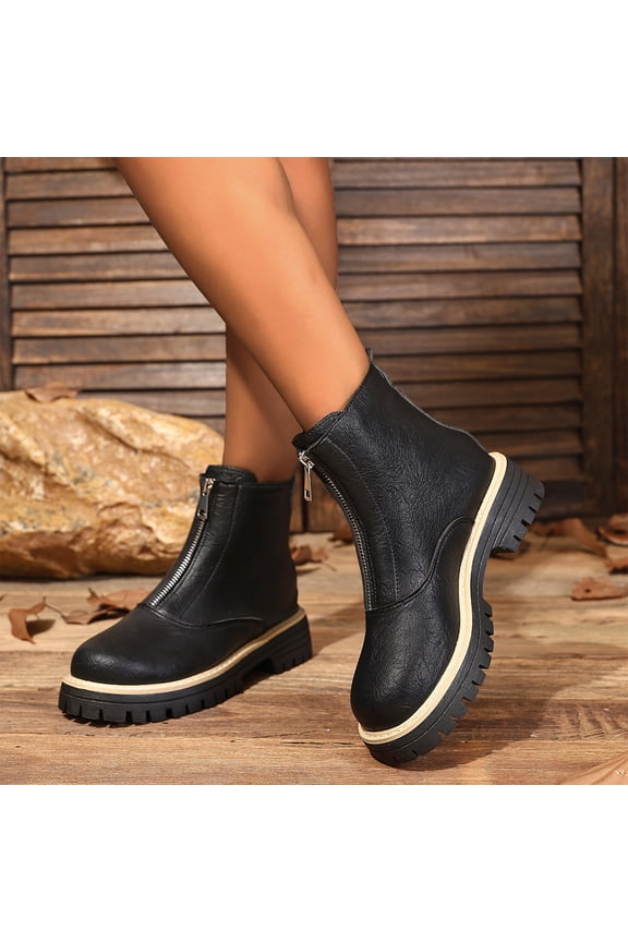 Conspicuous Front Zipper Leather Boots Daily Office Commuting, Lug Sole Chunky Booties Autumn Casual Strolling, Comfortable Holiday Travel Wearing, Flexible Lightweight Footwear, Black 6.5