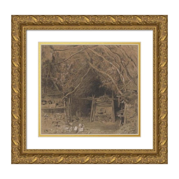 Constant Troyon 13x12 Gold Ornate Wood Frame and Double Matted Museum Art Print Titled - The Workshop of a Wooden Shoe Maker (ca. 1838)
