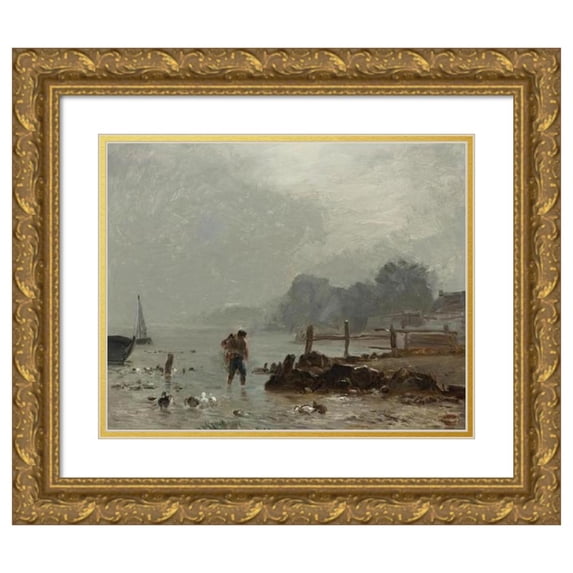 Constant Troyon 14x12 Gold Ornate Wood Frame and Double Matted Museum Art Print Titled - Fisherman