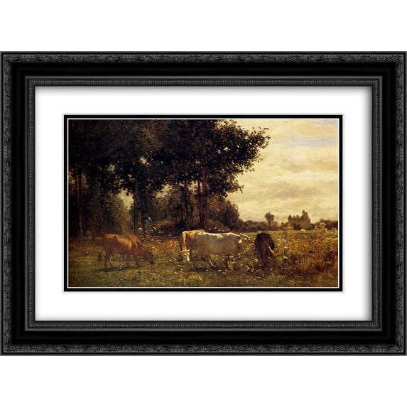Constant Troyon 2x Matted 24x20 Black Ornate Framed Art Print 'Cows Grazing'