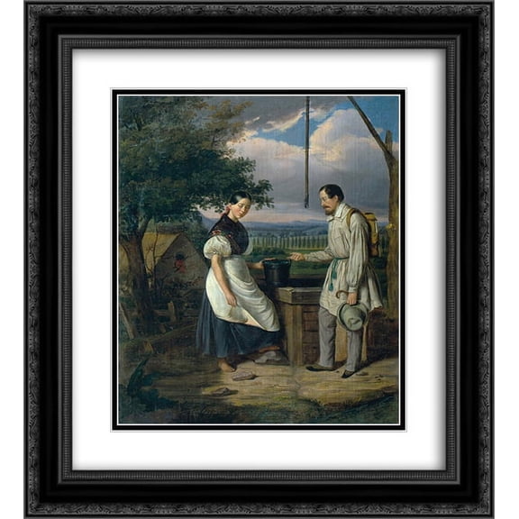 Constantin Daniel Rosenthal 2x Matted 20x24 Black Ornate Framed Art Print 'Scene at a Fountain'