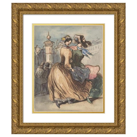 Constantin Guys 15x18 Gold Ornate Wood Frame and Double Matted Museum Art Print Titled - Two Grisettes (19th Century)
