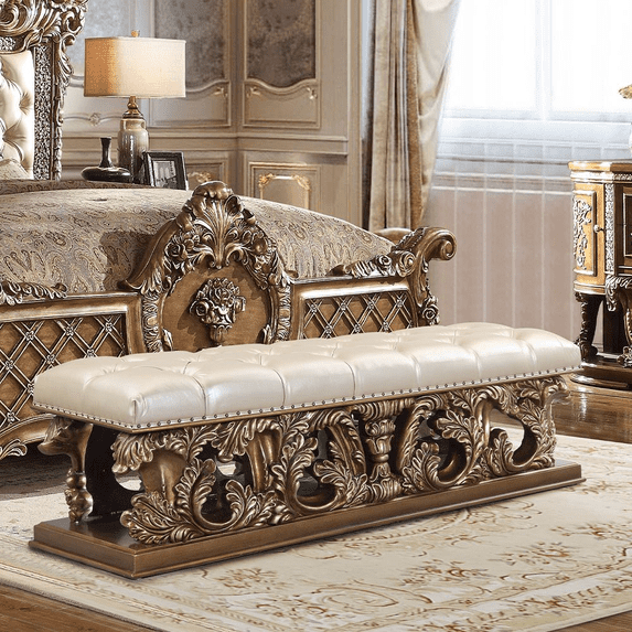 Constantine Bench in Synthetic Leather, Light Gold, Brown & Gold Finish