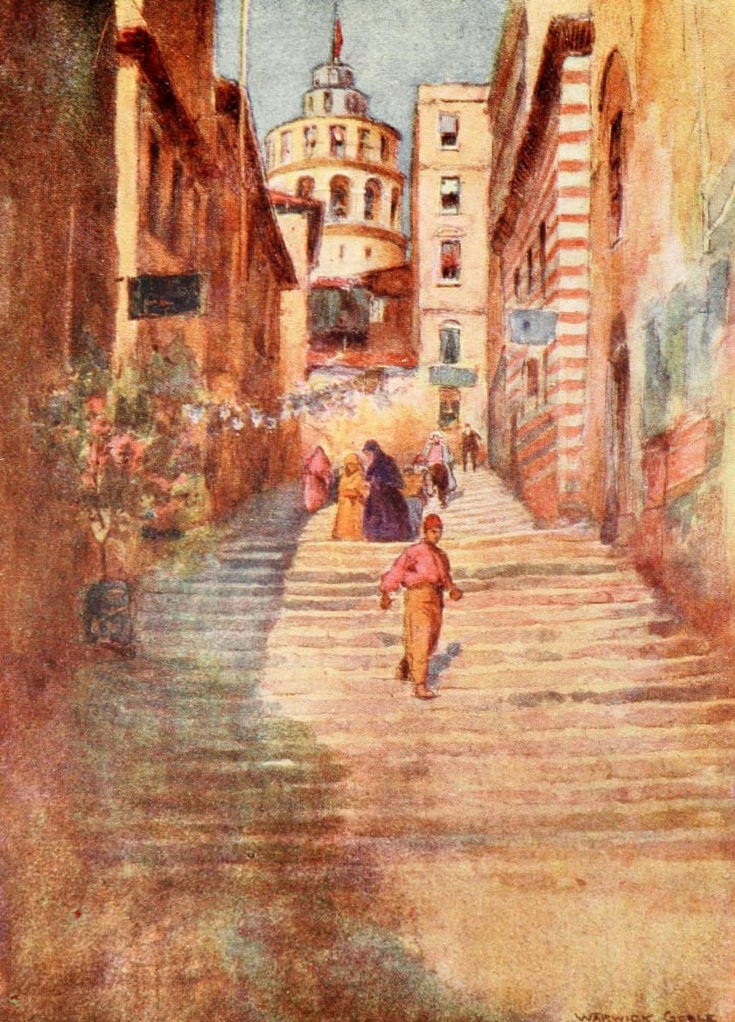Constantinople 1906 A step street in Galata Canvas Art - Warwick Goble (18 x 24)