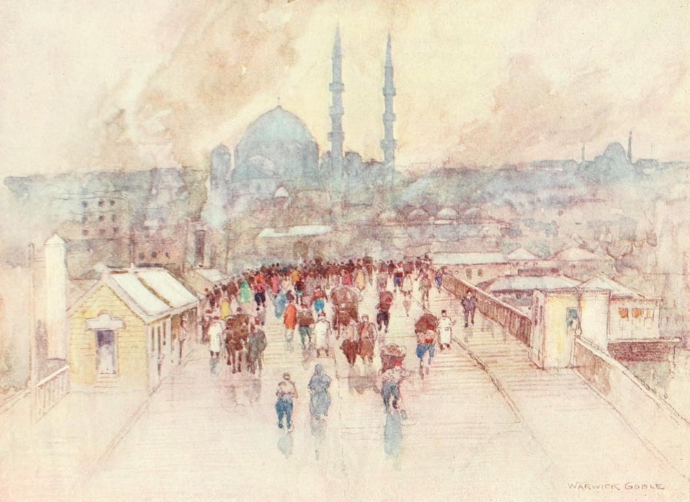 Constantinople 1906 A wet day on the Galata bridge Canvas Art - Warwick Goble (24 x 36)