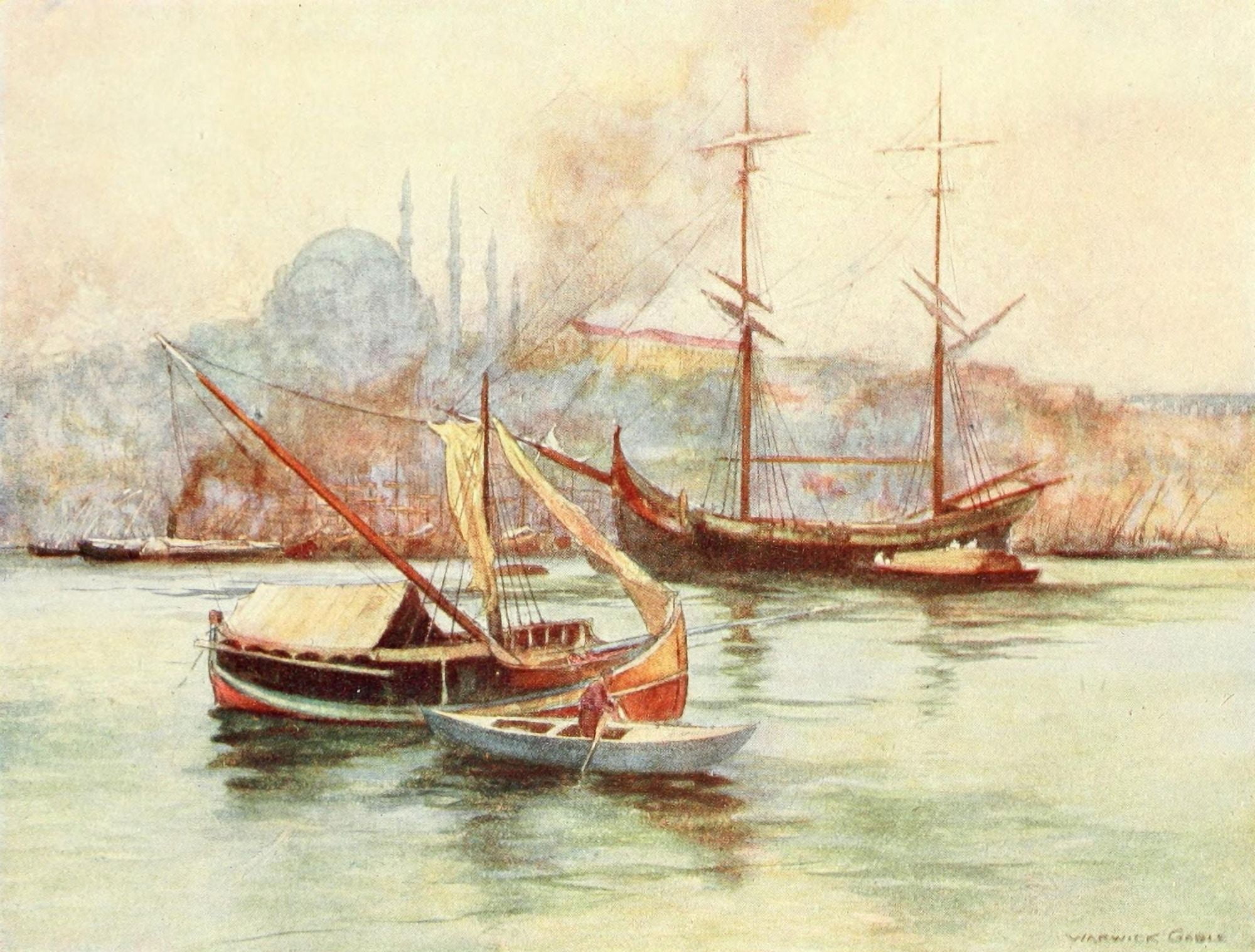 Constantinople 1906 Boats at Golden Horn Canvas Art - Warwick Goble (18 x 24)