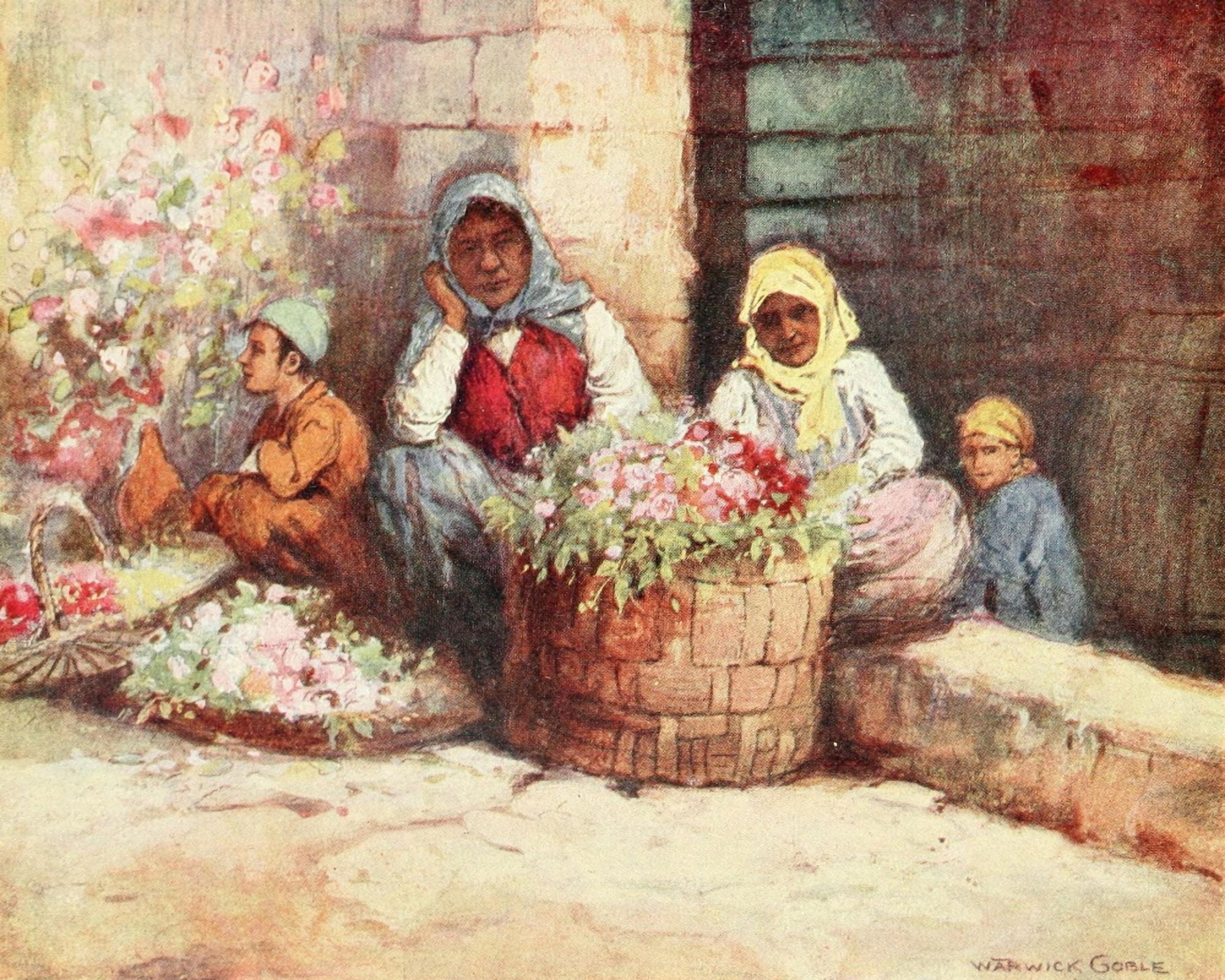 Constantinople 1906 Flower sellers Canvas Art - Warwick Goble (18 x 24)