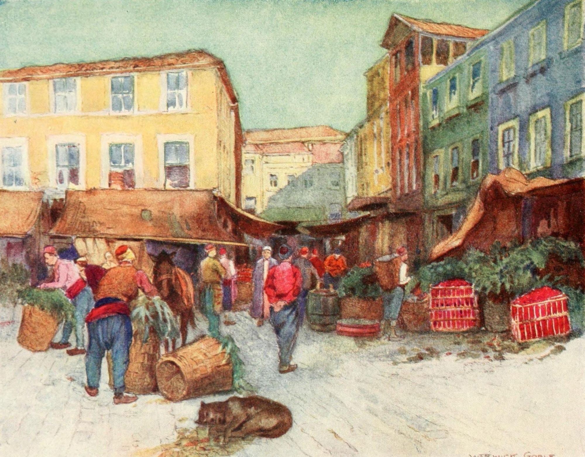 Constantinople 1906 Fruit-market Stamboul Canvas Art - Warwick Goble (24 x 36)