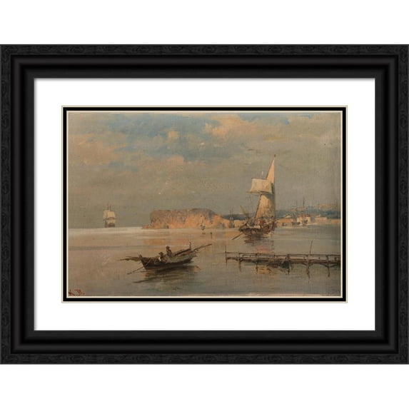 Constantinos Volanakis 24x17 Black Ornate Framed Double Matted Museum Art Print Titled: Boats in a Port