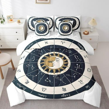 Constellation Bed in a Bag Queen Comforter Set 7 Piece,Sun And Moon Bedding Sets Exotic Zodiac Signs Sheet Set With Comforter,Bohemian Bed Set