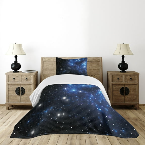 Constellation Bedspread, Outer Space Star Nebula Astral Cluster Astronomy Theme Galaxy Mystery, Decorative Quilted 2 Piece Coverlet Set with Pillow Sham, Twin Size, Blue Black, by Ambesonne