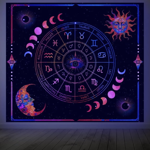 Constellation Blacklight Tapestry Glow in the Dark Tapestry UV Reactive Sun Moon Eye Wall Hanging 5951 Inch with Hook Self Adhesive Sticker Clip