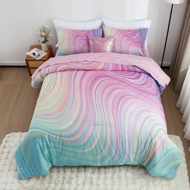 NTBED 6 Pieces Gradient Wavy Line Comforter Set, Colorful Glitter Rainbow Star Pattern Bedding Set for Boys Girls Teens, Twin Pink Green
