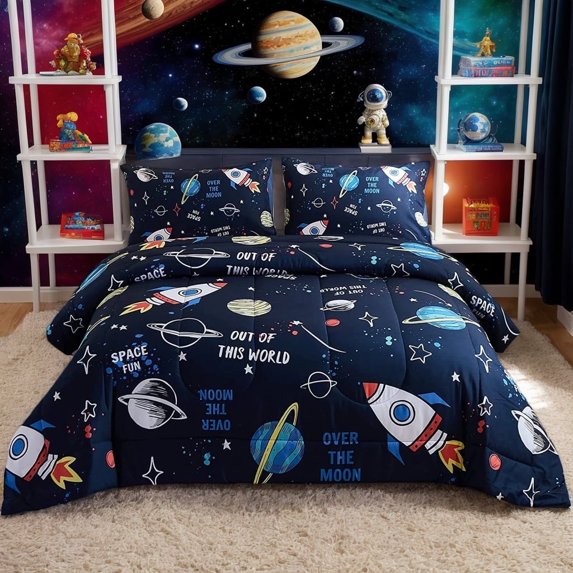 Psoiuetr Galaxy Comforter Set Space Rocket Blue Bedding Set for Girls Boys Kids Teens Full Size with 1 Comforter 2 Pillowcases