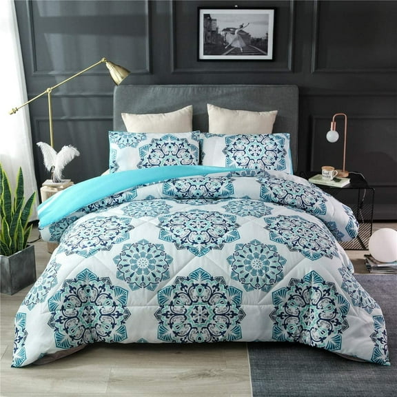 NTBED Bohemian 3-Pieces Teal Aqua Blue Mandala Comforter Bedding Sets, King